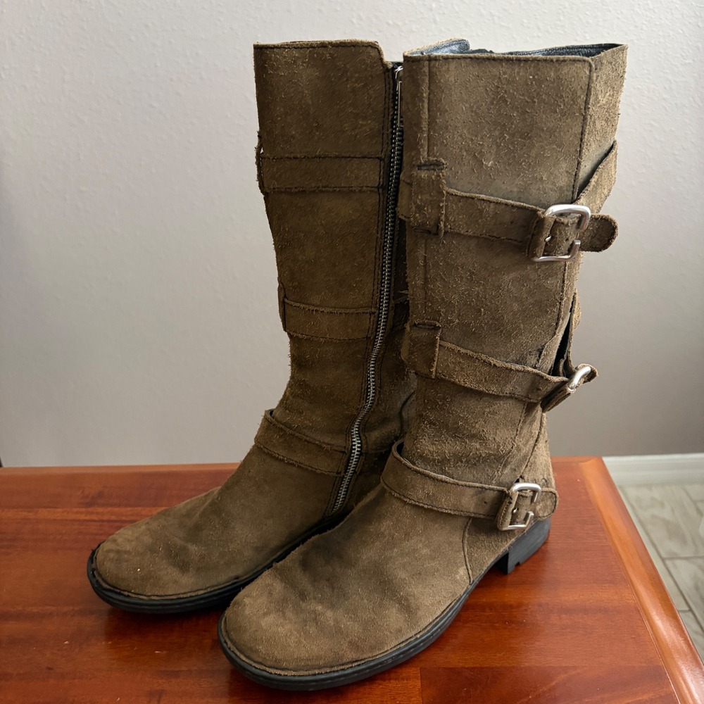 Born Tessa Brown Tan Suede Leather Triple Buckle Biker Moto Distressed Boots 9.5 - Picture 2 of 10